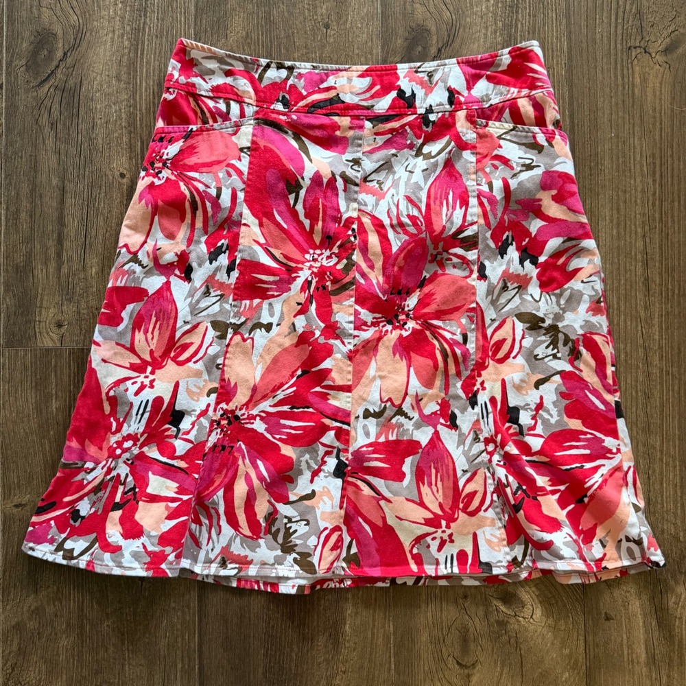 Notations A-Line Skirt Pink Peach Floral‎ Stretch Cotton Tropical Pockets Medium